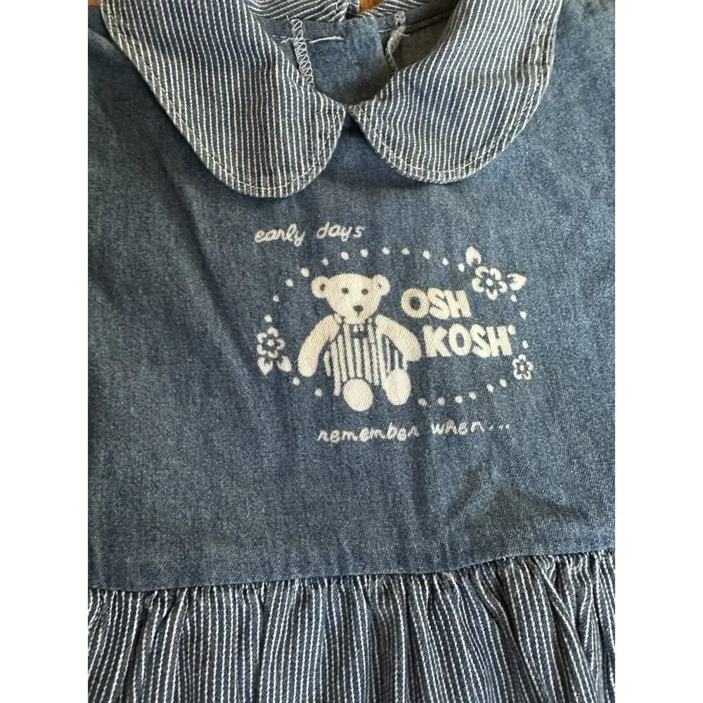 Vtg Osh Kosh Girl Cotton Apron Dress Blue White Stripe Size 6x Bear Collar